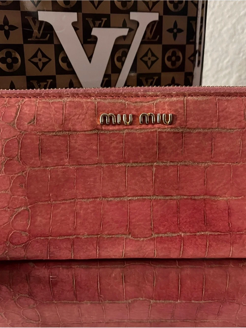 Miu Miu Croc-Embossed Pink Wristlet Wallet with Gold Logo